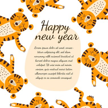Mutlu Çin Yeni Yılı 2022 tatlı kaplanlı tebrik kartı. Tatil hayvanları çizgi film karakteri. El ilanı ve afiş için kaplan illüstrasyonu