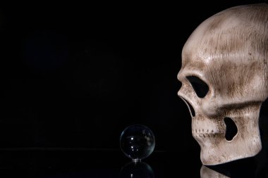 Siyah arka plandaki insan ve hayvanların iskeletleri ve iskeletleri tüm ölülerin değişiminin bir göstergesi olarak gösterilir.