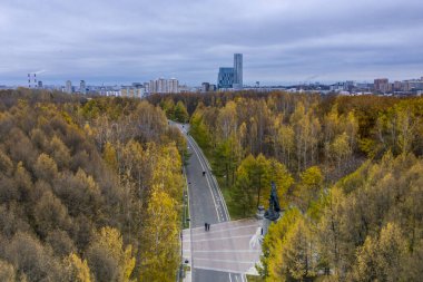 İHA 'nın yüksekliğinden sonbahar parkının panoramik görüntüsü