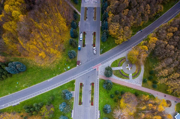 Panoramiczny Widok Jesienny Park Mieście Wysokości Drona — Zdjęcie stockowe