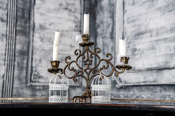 Antique Candlestick Candles Large Gray Hall — Stock Photo, Image