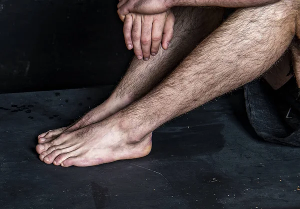 Male Bare Feet Calm Position Black Background — Stock Photo, Image