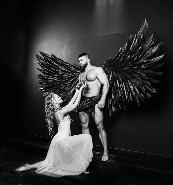 Handsome Muscular Man Angel Costume Black Wings Fragile Defenseless Beautiful — Stock Photo, Image