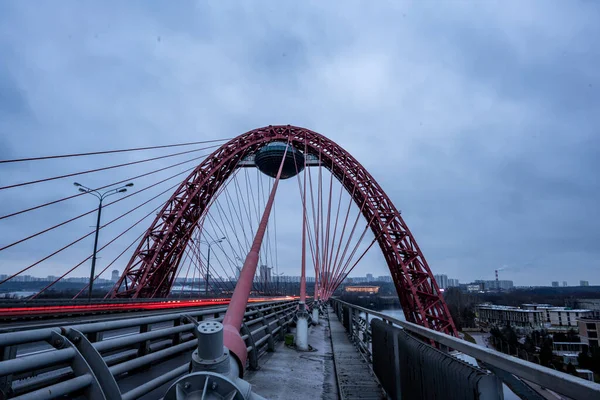 Red Cable Stayed Bridge Freeway Sunrise Winter Morning — Stock Photo, Image