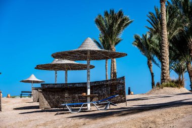 Kumsalda hasır şemsiyeli Kızıldeniz kıyısı.