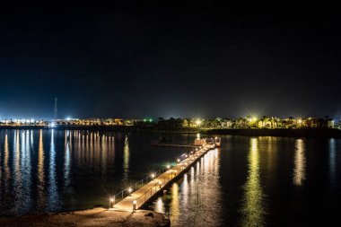 Palmiye ağaçlarının ve doğu binalarının arka planında gece yıldızlı gökyüzü