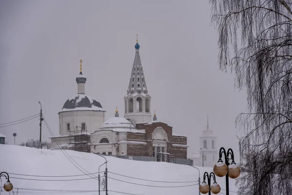 an old provincial town with old temples and parks covered with snow in winter