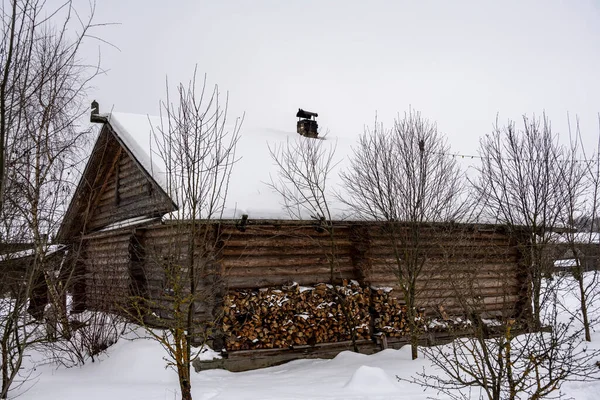 Winterlandschappen Met Houten Gebouwen Sneeuw Een Pretpark — Stockfoto