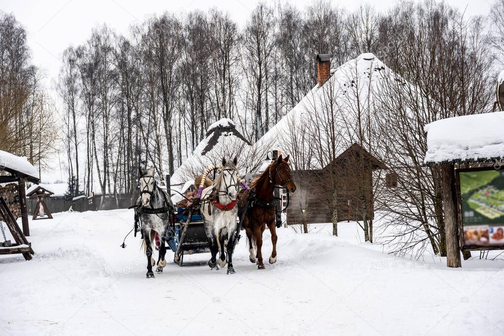 winter riding on a troika harnessed to a sleigh 