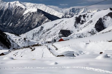 Osetya dağlarında karla kaplı ağaçlarla ve dağlarla kaplı bir manzara.