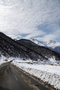 Osetya dağlarında karla kaplı ağaçlarla ve dağlarla kaplı bir manzara.