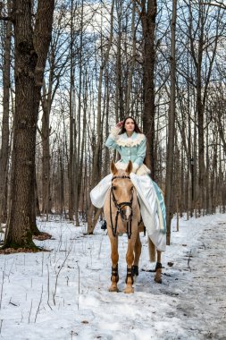 Mavi elbiseli güzel bir kız ve bahar ormanında açık kahverengi bir at.