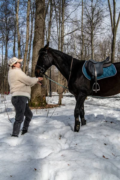 Schöne Frau Brauner Mütze Und Jacke Mit Schwarzem Pferd Frühlingswald — Stockfoto