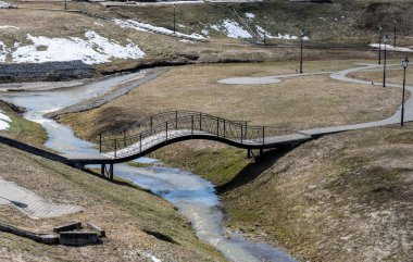 Güneşli bir günde, bahar parkındaki bir derenin üzerindeki köprüyü düşündüm.