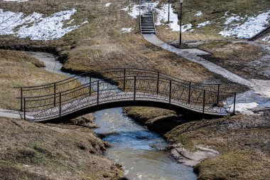Güneşli bir günde, bahar parkındaki bir derenin üzerindeki köprüyü düşündüm.