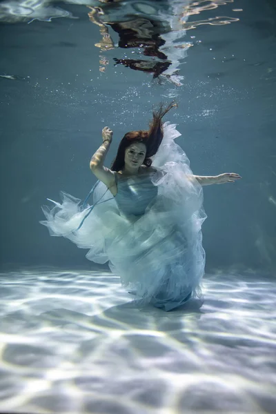 Beautiful Girl Red Hair Ball Gown Blue Dress Underwater Blue — Stock Photo, Image