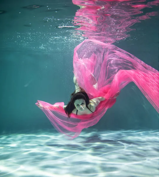 Beautiful Girl Black Swimsuit Pink Pareo Underwater Blue Background — Stock Photo, Image