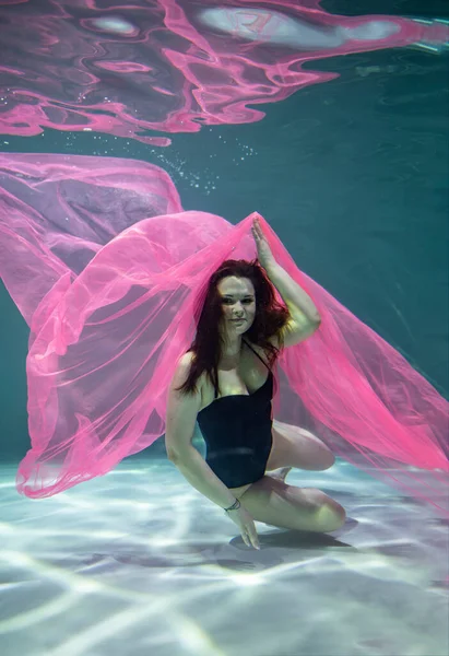 Beautiful Girl Black Swimsuit Pink Pareo Underwater Blue Background — Stock Photo, Image