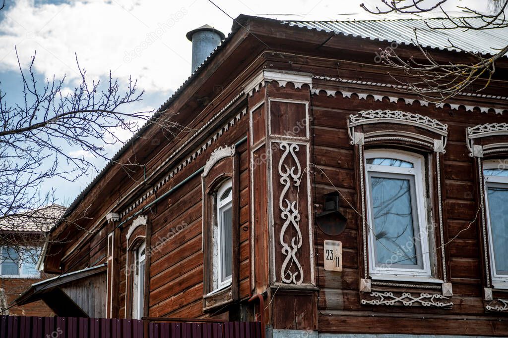 old houses with wooden shutters and unusual architecture on the streets of Zaraysk