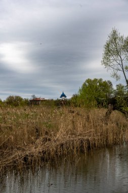 Eski Suzdal manastırları ve kaleleri yeşil bir nehrin arka planına karşı