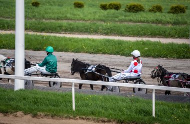 Güneşli bir günde çocukların midillisi hipodromda koşar.
