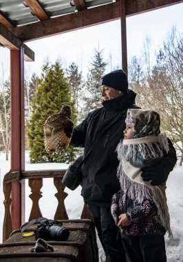 Büyük kahverengi gözlü, uzun kulaklı baykuş kardan bir arka plana bakar.