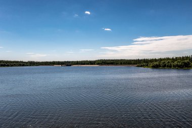 İHA 'dan geniş bir göl, orman, tarla ve yolların köyüne panoramik manzara 