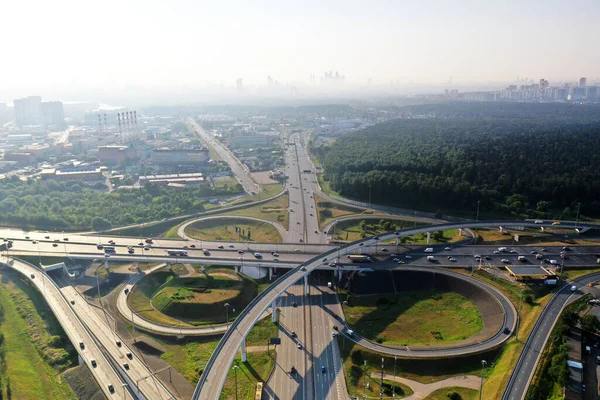 Graceful Junction Roads Freeways Green Forests Height Drone Early Morning — Φωτογραφία Αρχείου