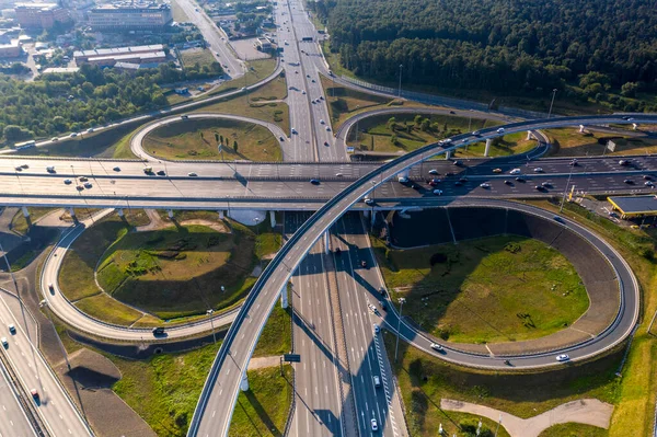 Graceful Junction Roads Freeways Green Forests Height Drone Early Morning — Φωτογραφία Αρχείου