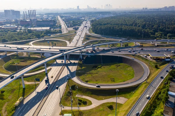 Graceful Junction Roads Freeways Green Forests Height Drone Early Morning — Φωτογραφία Αρχείου