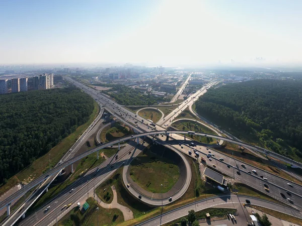 Graceful Junction Roads Freeways Green Forests Height Drone Early Morning — Φωτογραφία Αρχείου