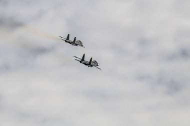 Modern savaş uçaklarının gösteri uçuşları Zhukovsky 'deki Max-21 havacılık salonunda.