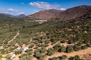 Beyaz taş kilisenin panoramik görüntüsü, dağların arka planına ve Girit 'in zeytinliklerine karşı bir dron tarafından filme alındı. 