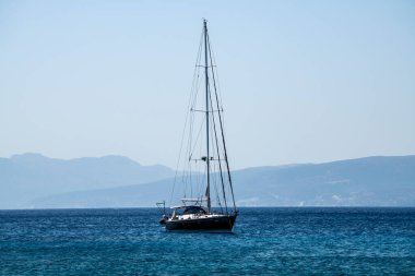 Deniz kıyısına bakan manzara ve ufukta bir deniz gemisi.