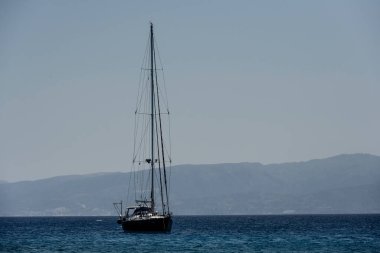 Deniz kıyısına bakan manzara ve ufukta bir deniz gemisi.