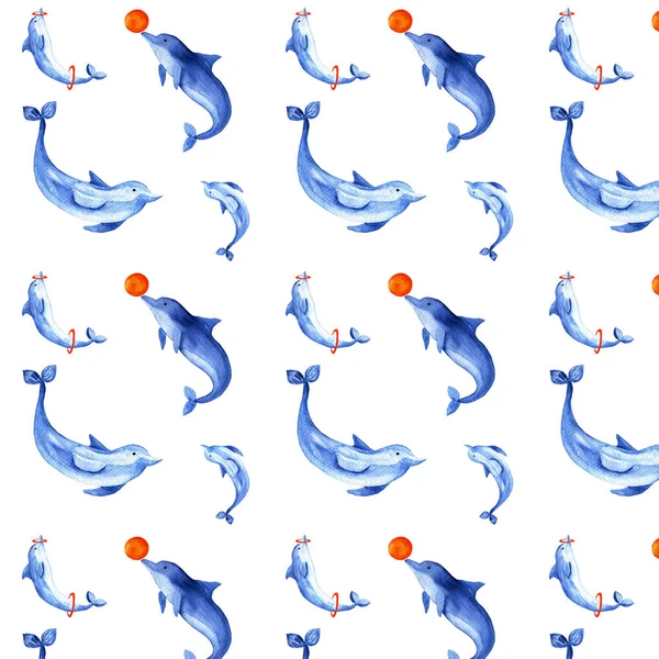 Watercolor cartoon jumping dolphins repeated as pattern on white background
