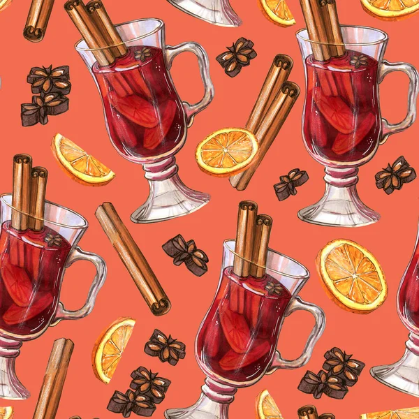 Μύλος κρασί με μπαχαρικό και πορτοκάλι αδιάλειπτη μοτίβο — Φωτογραφία Αρχείου