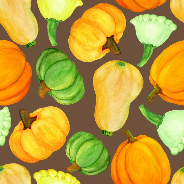 オレンジグリーンのカボチャの水彩シームレスパターン — ストック写真
