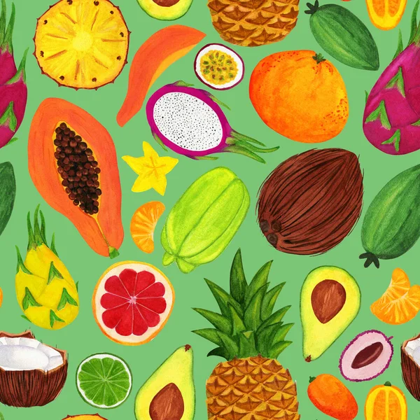 Groot exotisch fruit naadloos patroon op groene achtergrond — Stockfoto