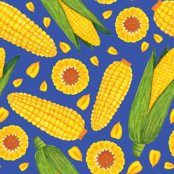Bonito patrón sin costura de maíz acuarela con granos — Foto de Stock