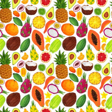Büyük tropikal meyve karışımı, pürüzsüz desen. Egzotik sulu meyveli suluboya çizimi. Ananas, feijoa, aronge, papaya, pitaya, karambola seti. Kumaş ve duvar kâğıdı için güzel renkli bir yaz fotoğrafı.