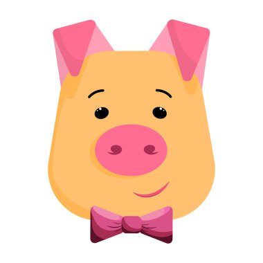 Güzel domuz kafası, vektör olarak papyon, çizgi film.