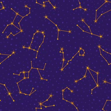 Yıldız takımyıldızı kusursuz desen. Yıldızlı koyu mavi uzay vektör arkaplanı