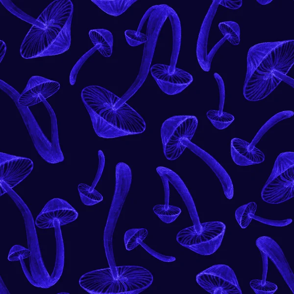 Azul neon místico cogumelos sem costura padrão — Fotografia de Stock