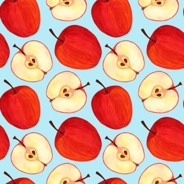 Mavi arka planda sulu kırmızı elmalar sulu boya desenleri
