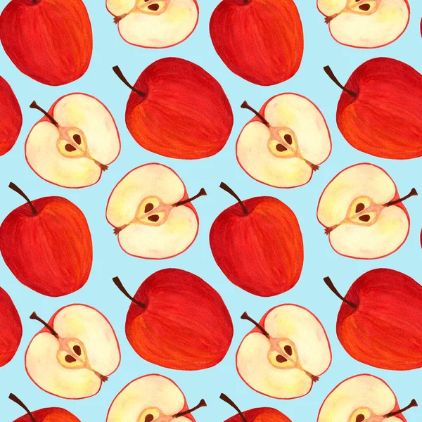 Manzanas rojas jugosas acuarela patrón sin costuras sobre fondo azul cielo — Foto de Stock