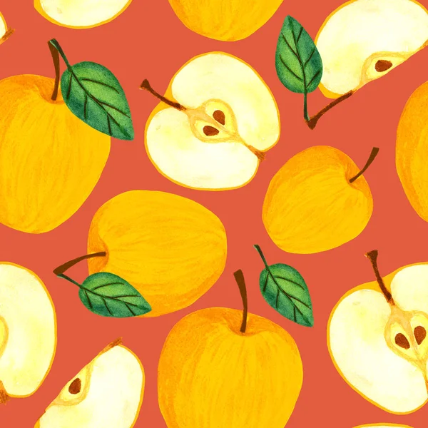 黄色のリンゴのシームレスなパターン。葉と水彩ジューシーな果実 — ストック写真