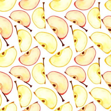 Taze elma deseni. Dilimlenmiş dörtte bir elma suluboya deseni.