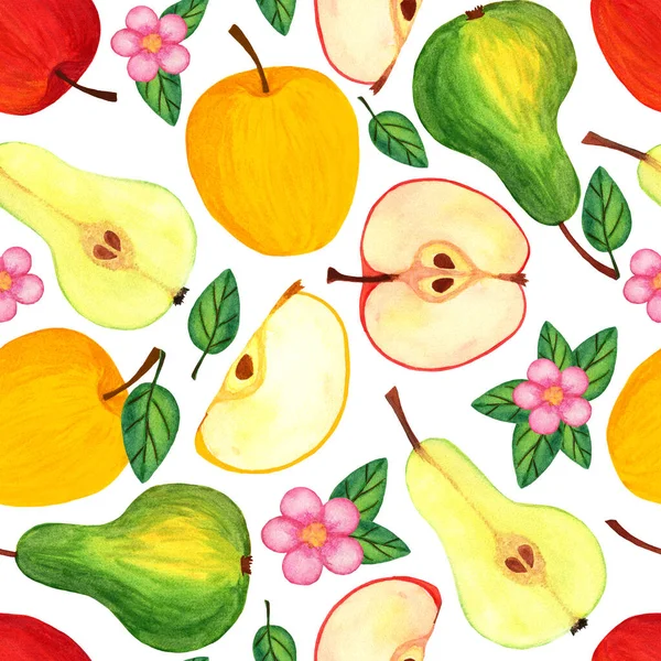Poires et pommes aux feuilles et graines, entières et tranchées. Fruits de jardin frais — Photo