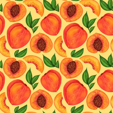 Portakallı şeftali rengi, pürüzsüz desen. Sarı arka planda taze meyve